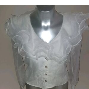 Positively Ellyn VTG 80's White Ruffle Organza Sheer Sleeve Blouse Size Large.